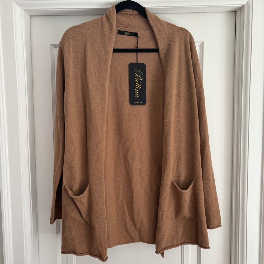 Bellina 100% Cashmere Cardigan | Made in Italy | Open Front Camel Sweater | NWT - Picture 2 of 5